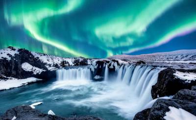 Northern lights, waterfall, Iceland